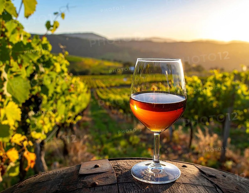 A glass of 10-year-old tawny wine placed on a barrel in a vineyard restaurant, vineyard landscape in blurred background, AI generated