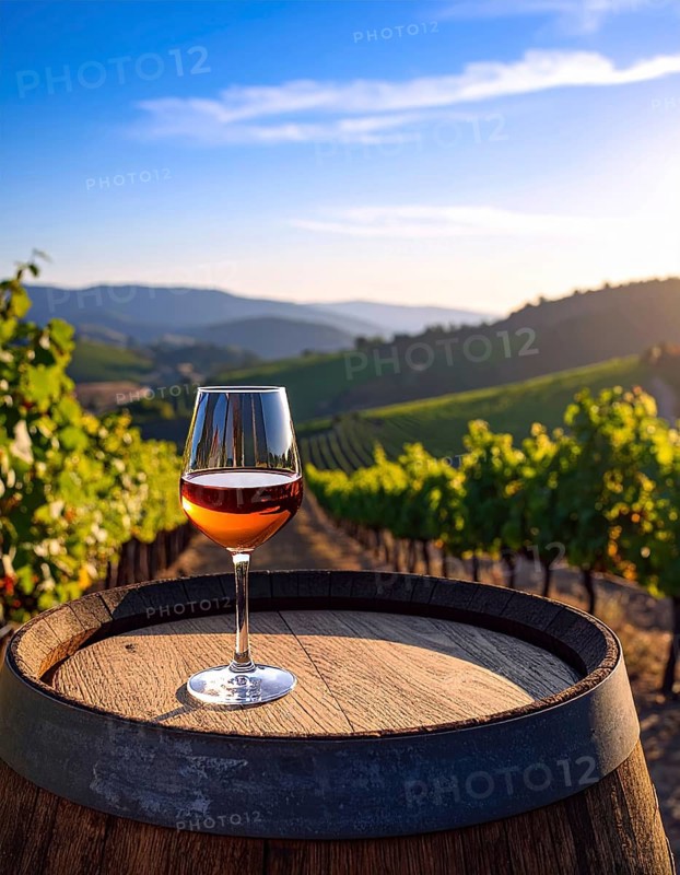 A glass of 10-year-old tawny wine placed on a barrel in a vineyard restaurant, vineyard landscape in blurred background, AI generated