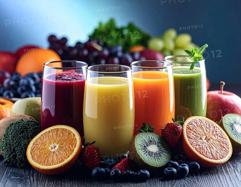 Fresh fruit juices in glasses, surrounded by colorful fruits, showcasing healthy drinking and eating, fitness and wellness lifestyle, AI generated