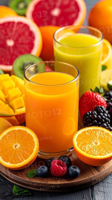 Fresh fruit juices in glasses, surrounded by colorful fruits, showcasing healthy drinking and eating, fitness and wellness lifestyle, AI generated