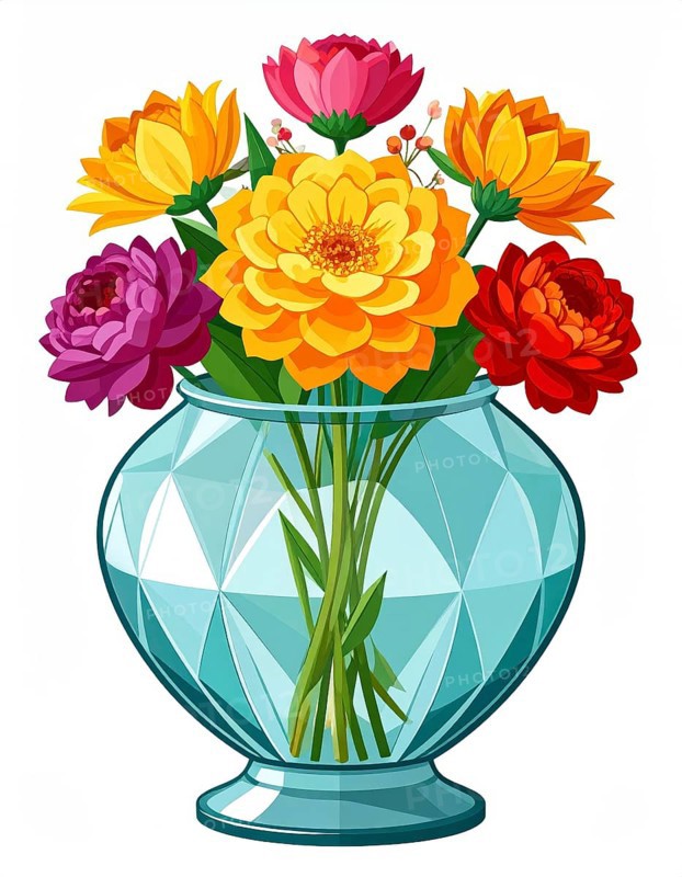 Crystal glass vase with vibrant blooming flowers, vibrant vector drawing illustration for fresh spring background, AI generated
