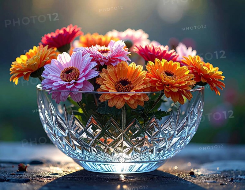 Crystal glass vase with vibrant blooming flowers, fresh spring and summer concept, AI generated