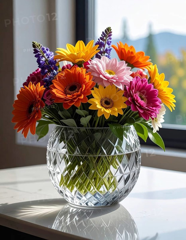 Crystal glass vase with vibrant blooming flowers, fresh spring and summer concept, AI generated
