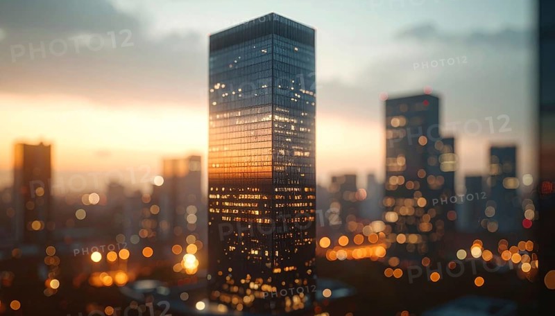 Modern building reflecting sunset light at dusk. Abstract Futuristic Business Background, AI generated
