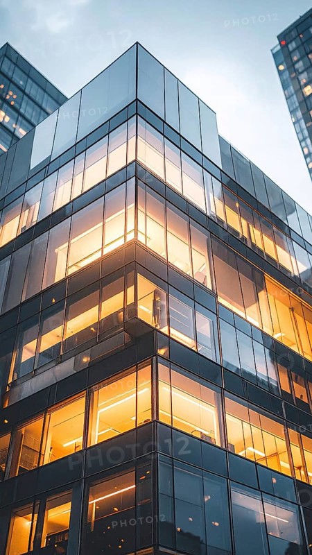 Modern building reflecting sunset light at dusk. Abstract Futuristic Business Background, AI generated