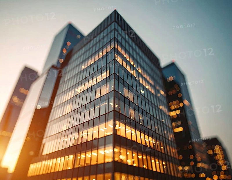 Modern building reflecting sunset light at dusk. Abstract Futuristic Business Background, AI generated