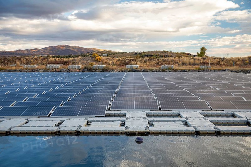 Park City, Utah - Floating solar panels provide power for Mountain Regional Water. The solar array is on the raw water storage pond at the water utility's Signal Hill Treatment Plant