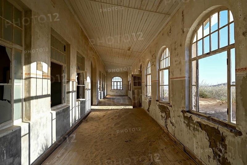 Former dwelling house full of sand, Kolmanskop, restricted diamond area, Karas region, Namibia
