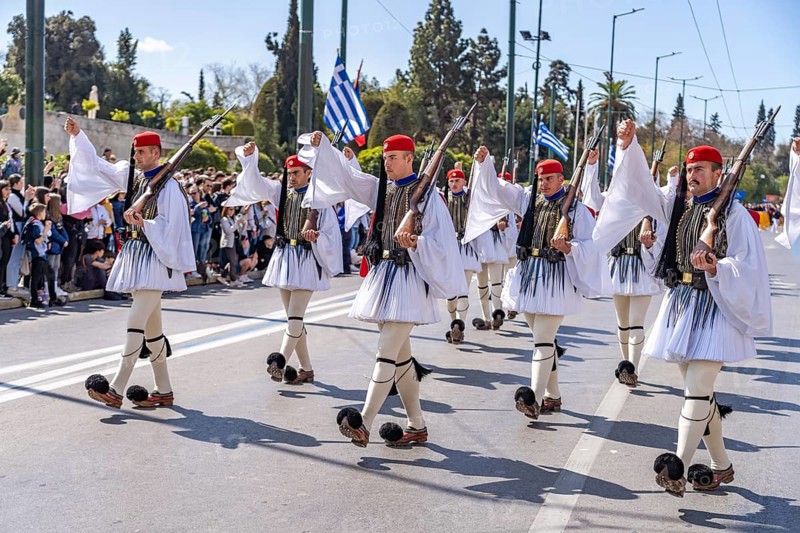 The traditional changing of the guard of the Evzones in front of the Greek Parliament in the Greek capital Athens, Greece