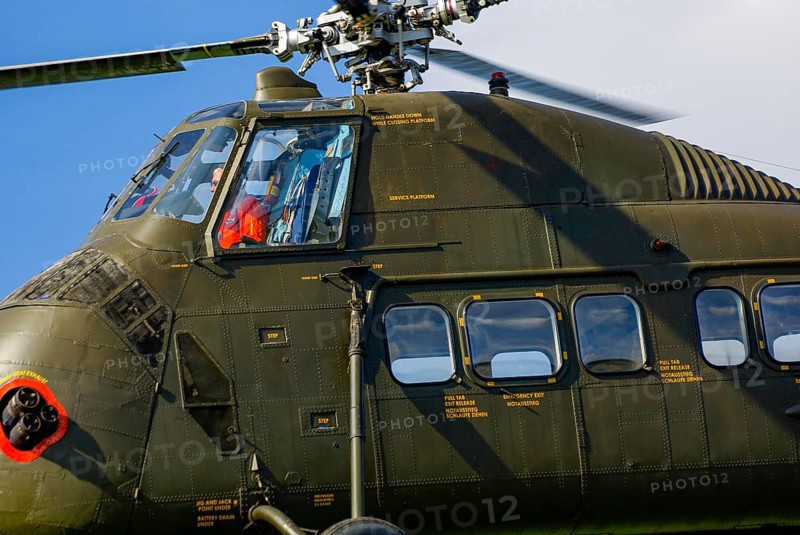 A Sikorsky S-58C transport helicopter in the colours of the German Army with the registration D-HAUG during a flight demonstration as part of an air show at the Rossfeld in Metzingen-Glems, Baden-Württemberg, Germany, for editorial use only