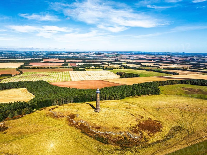 Waterloo Monument over Scottish fields and farms from a drone, Jedburgh, Scotland, UK