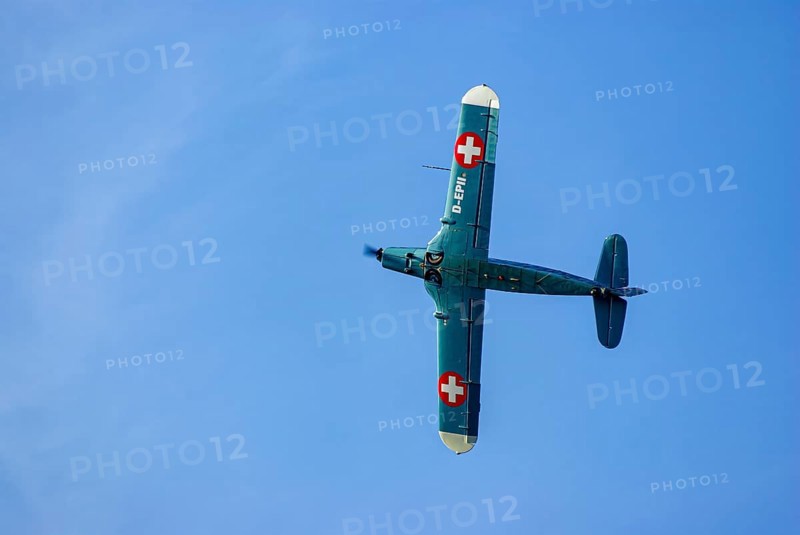A Pilatus P-2 of Pilatus Flugzeugwerke AG with the registration D-EPII during a flight demonstration as part of an air show at the Rossfeld in Metzingen-Glems, Baden-Württemberg, Germany, for editorial use only