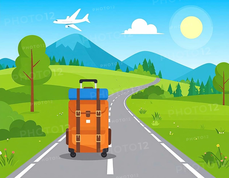 Traveling and hiking in mountain landscape, abstract vector illustration, AI generated image