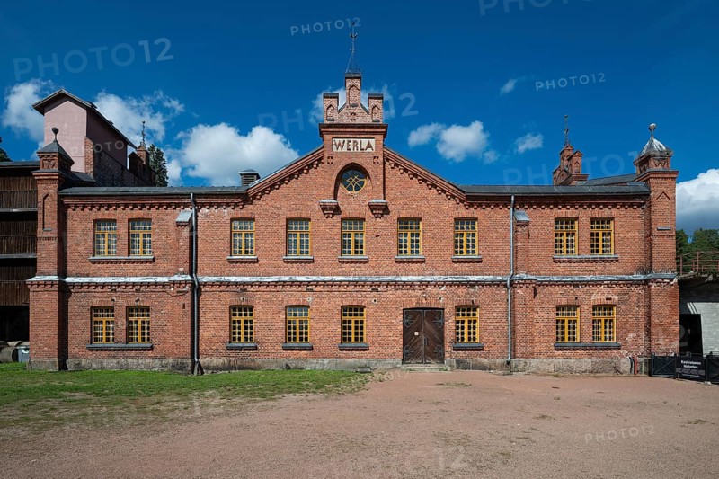 Brick façade with inscription Werla, former paper factory and mill for the production of groundwood pulp board, UNESCO World Heritage Site Factory Village Verla, Maailmanperintökohde Verlan puuhiomo ja pahvitehdas, Verla Rapids, Kymenlaakso, near Kouvola, Finland
