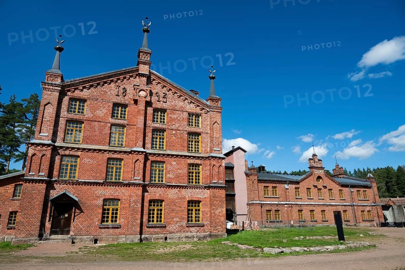Brick building, former paper factory and mill for the production of groundwood pulp board, UNESCO World Heritage Site Verla Factory Village, Maailmanperintökohde Verlan puuhiomo ja pahvitehdas, Verla Rapids, Kymenlaakso, near Kouvola, Finland