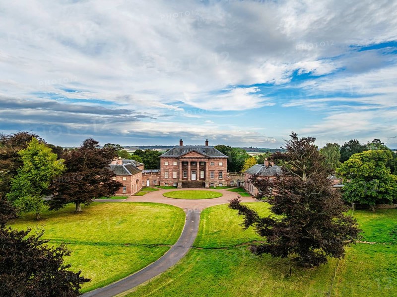 Paxton House over River Tweed from a drone, Paxton, Berwick-upon-Tweed, Berwickshire, Scotland, UK