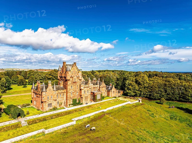 Ayton Castle from a drone, Ayton, Eyemouth, Scottish Borders, Scotland, UK