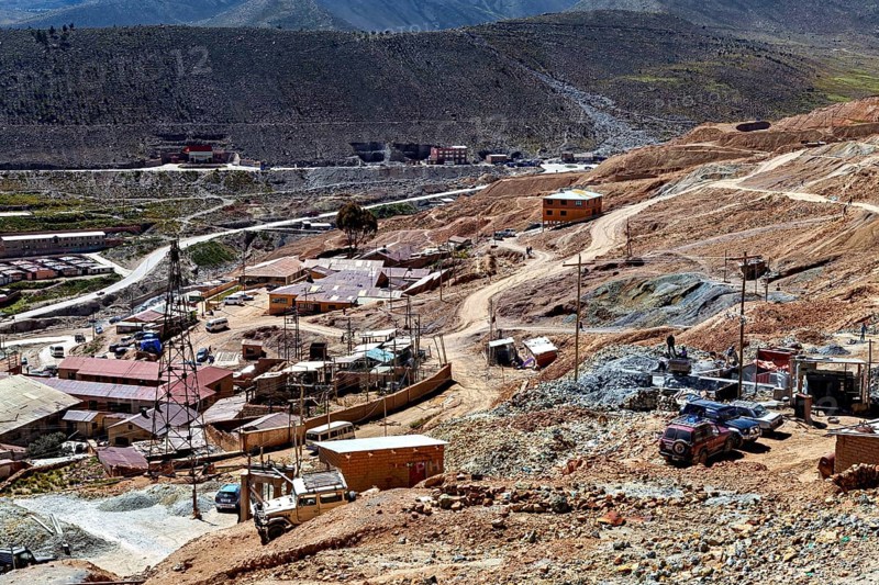 Extensive mining area with buildings and roads in a dry, barren landscape, The silver mines of Potosi Bolivia