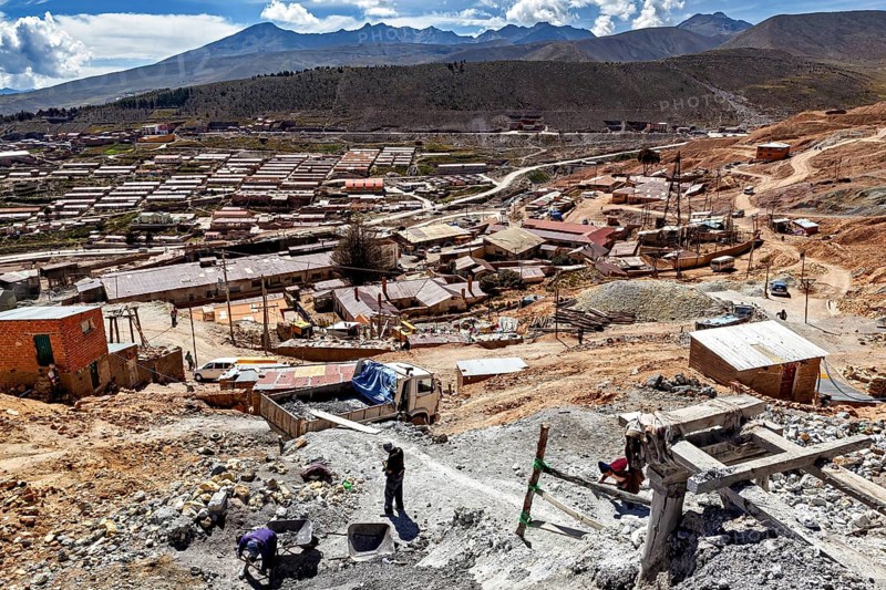 View of a mining area with scattered buildings in a dry, wide landscape, The silver mines of Potosi Bolivia