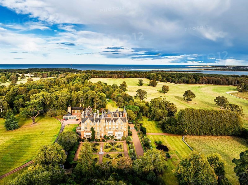 Tyninghame House over River Tyne from a drone, East Lothian, Scotland, UK