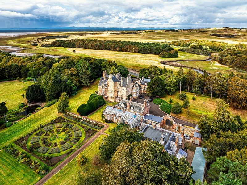 Luffness Castle from a drone, Aberlady, East Lothian, Scotland, UK