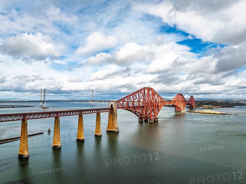 Forth Bridge from a drone, Queensferry Crossing, Forth Estuary, Scotland, United Kingdom