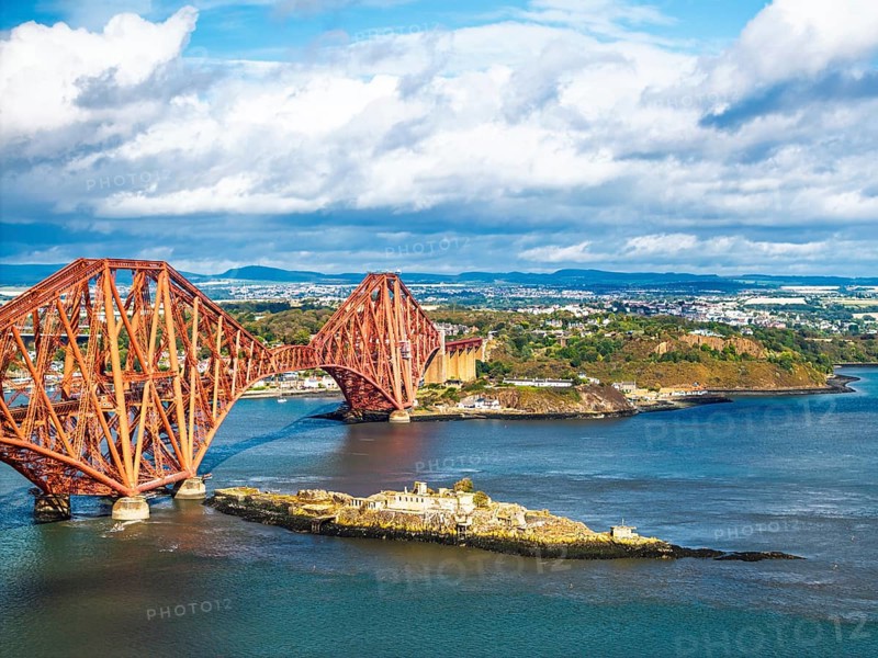 Inch Garvie Castle from a drone, Forth Bridge, Queensferry Crossing, Forth Estuary, Scotland, United Kingdom