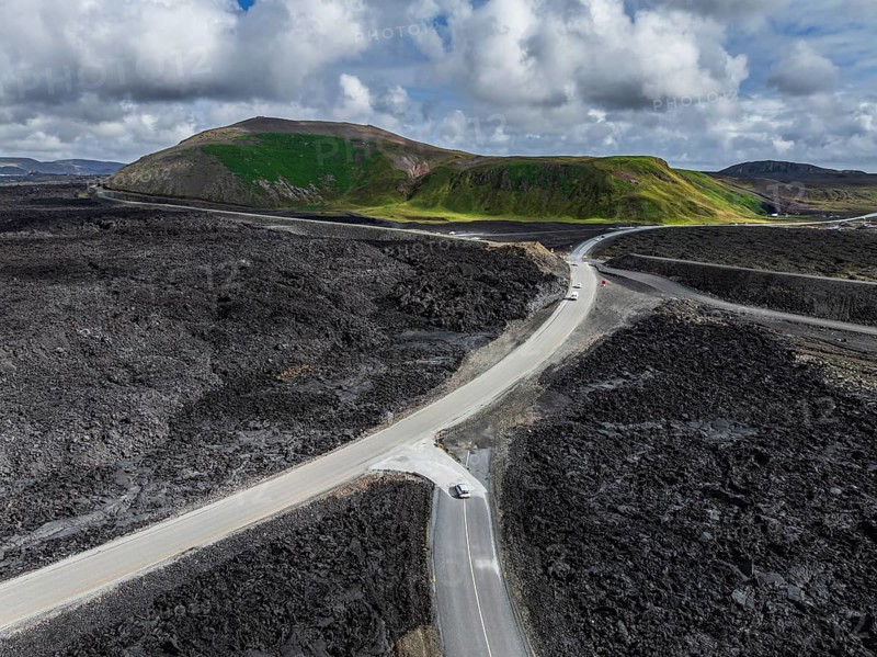 Lava, lava field, road, destroyed, summer, cloudy, sunny, aerial view, Blue Lagoon, Sundhnúkur crater series, Fagradalsfjall, Reykjanes, Iceland