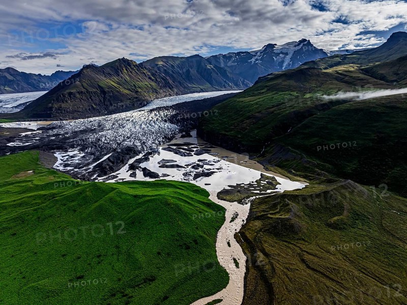 Ice floes, glacier, glacier tongue, glacier lake, sunny, cloudy, morning mood, mountains, reflection, aerial view, summer, Svinavellsjökull, Skaftafell, Vatnajökull National Park, Iceland