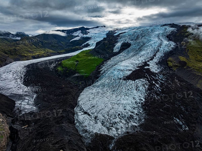 Glacier, glacier tongue, mountains, cloudy, summer, aerial view, Fjalljökull, Skaftafell, Iceland