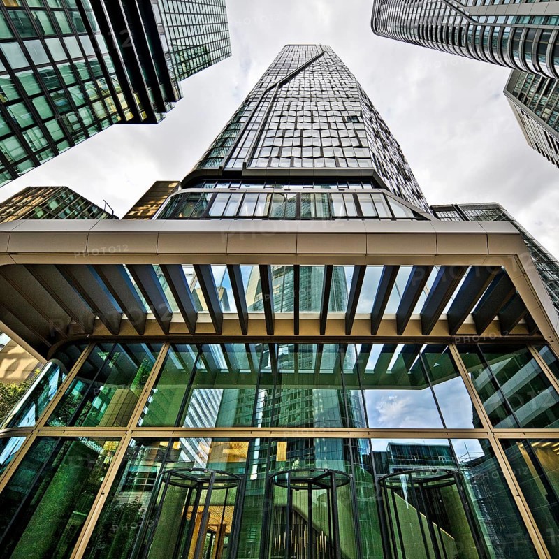 Frog's-eye view of the skyscrapers in the banking district, Four Frankfurt, Frankfurt am Main, Hesse, Germany