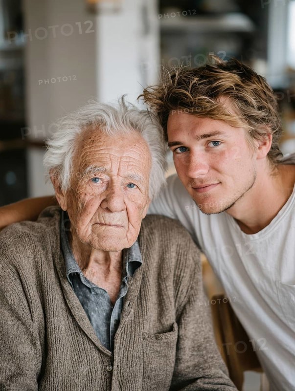 A young carer lovingly looks after a senior in an old people's home, nursing home, symbolic image for care for the elderly, need for care, need for protection, nursing home, nursing staff, care, care for the elderly, dementia, Alzheimer's, loneliness, isolation, loss, old age, AI generated