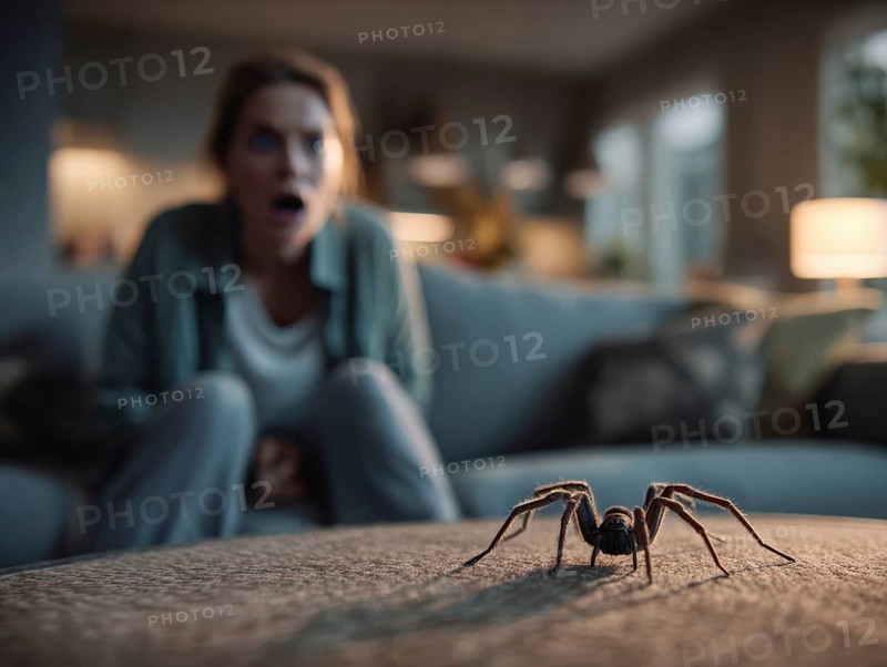 A spider on a table in the foreground, woman in the background visibly shocked, symbolic image for spider fear, arachnophobia, AI generated, AI generated