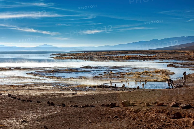Landscape with hot springs and people, surrounded by beautiful nature, The thermal springs of Polques in Bolivia
