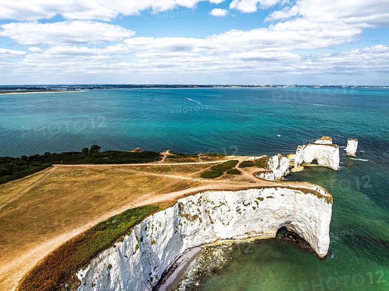 White Cliffs of Old Harry Rocks Jurassic Coast from a drone, Handfast Point, Dorset Coast, Poole, Dorset, England, United Kingdom