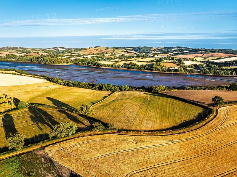 Farms and Fields over River Teign and Teignmouth Road from drone, Newton Abbot, Devon, England, United Kingdom