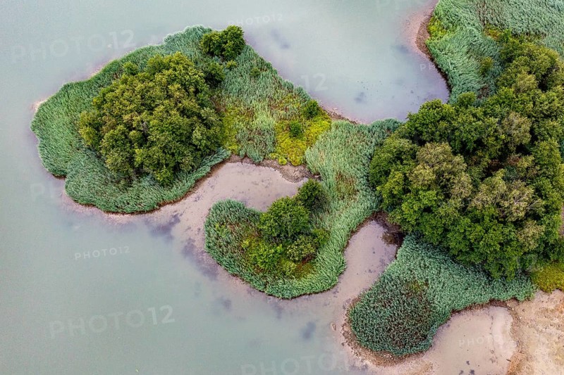 Aerial view, islands in the Drau, river, Carinthia, Austria