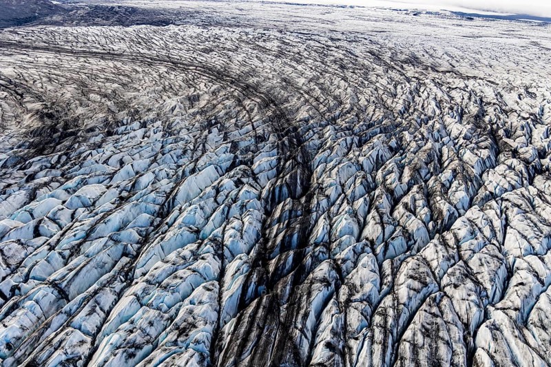 Glacier, crevasses, ice, aerial view, black ice, climate change, summer, Skeidararjökull, Skaftafell, Vatnajökull National Park, Iceland