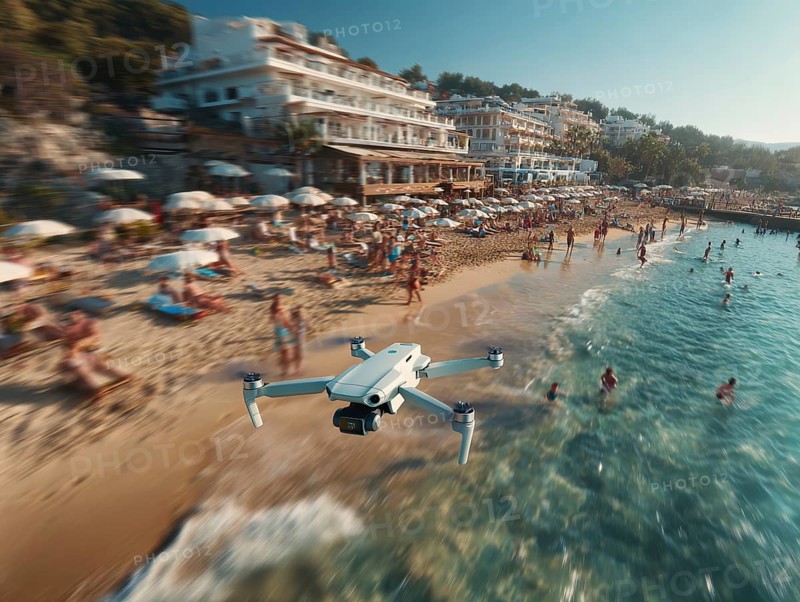 Ein Fernpilot steuert sein Quadrocopter, Drohne über einen dicht besetzten Badestrand, um illegale Videoaufnahmen oder Fotos zu erstellen, Symbolbild für unbefugtes Fotografieren von Personen, innerhalb eines geschützten, abgeschirmten Bereiches, Verletzung der Privatsphäre, Persönlichkeitsrechte, Missachtung von Flugverbotszonen, Flugverbot über Menschenmengen, Versammlungen, Datenschutz, AI generated