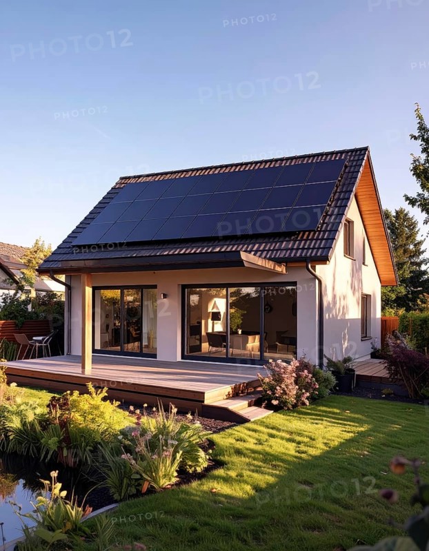Residential house with solar panels on the roof, beautiful sunrise, AI generated