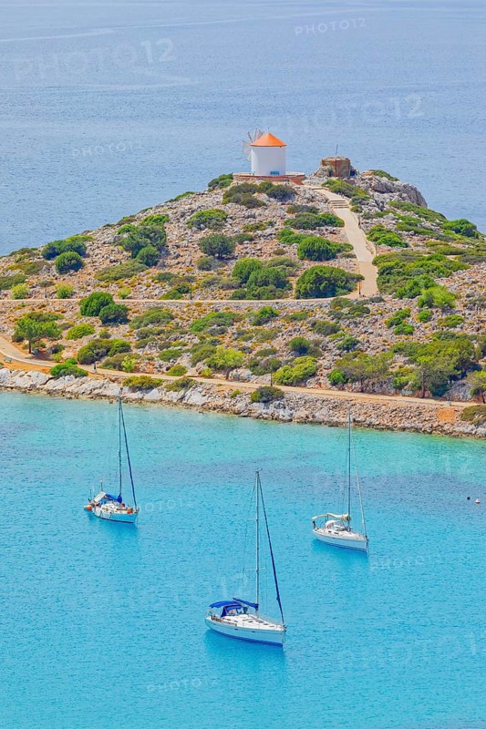 Panormitis bay, high angle view, Panormitis, Symi Island, Dodecanese Islands, Greece
