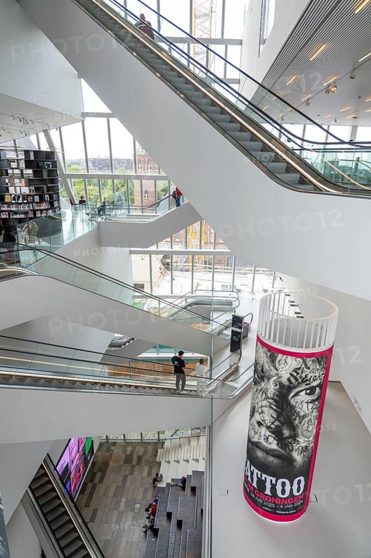The Forum Groningen, public cultural and educational centre on the Nieuwe Markt, in the old town, with cinema, library, media labs, catering, roof terrace, study and reading areas, viewing points, 10 floors, connected by many escalators, Netherlands
