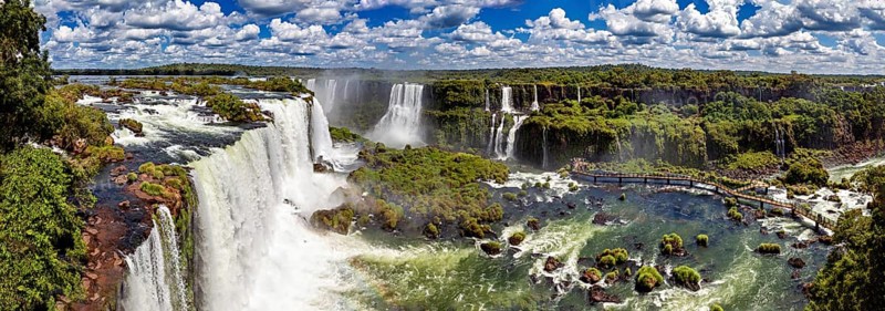 Breathtaking panoramic view over an expansive waterfall landscape and dense forest, The Iguazu Falls between Argentina and Brazil