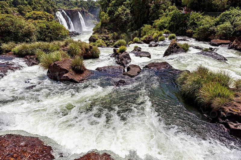 White water between rocks and plants with a distant waterfall in the background, The Iguazu Falls between Argentina and Brazil