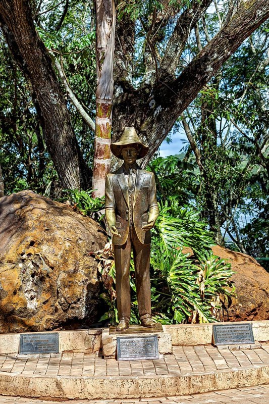 Bronze statue of a man with a hat and suit, surrounded by trees and rocks in a natural setting, Statue of Frederico Engel at the waterfalls of Iguazu in Argentina