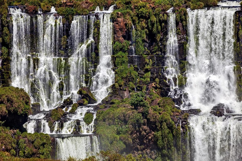 Multiple waterfalls flow over an ensemble of rocks, surrounded by dense green plants, The Iguazu Falls between Argentina and Brazil
