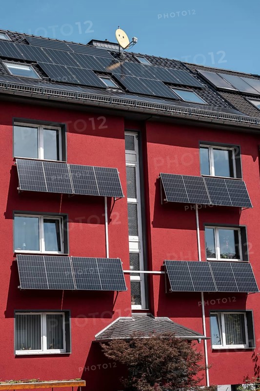 Residential building with photovoltaic modules on the façade and roof, North Rhine-Westphalia, Germany