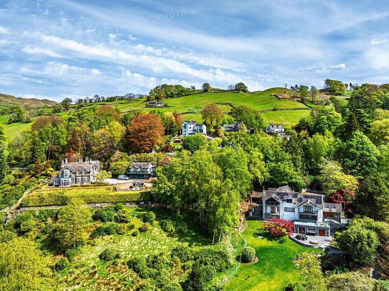 Farms and Fields from a drone, Townend house, Troutbeck, Windermere, Lake District, Cumbria, UK