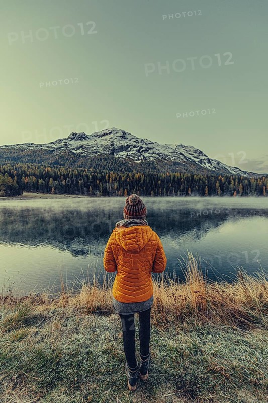 Autumn atmosphere on a cold morning in the Engadin in the Swiss Alps