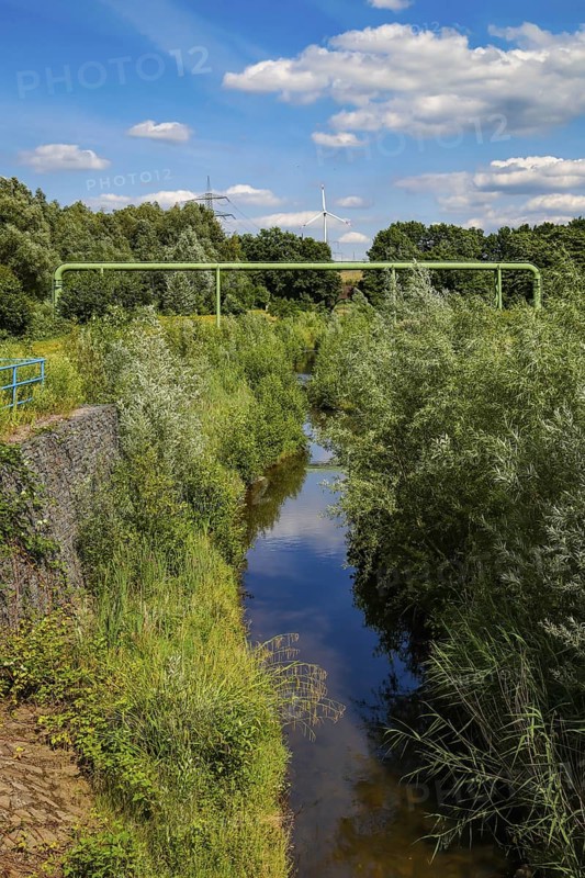 Bottrop, North Rhine-Westphalia, Germany - Renaturalised Boye, the tributary of the Emscher, has been transformed into a near-natural watercourse, flood protection through newly designed flooding areas, the Boye is now free of wastewater following the construction of a parallel sewer, is part of the Emscher river system and thus part of the Emscher conversion, was previously an open, above-ground wastewater channel, mixed water channel with surface water and wastewater. Wind turbine on the Mottbruch spoil tip at the back